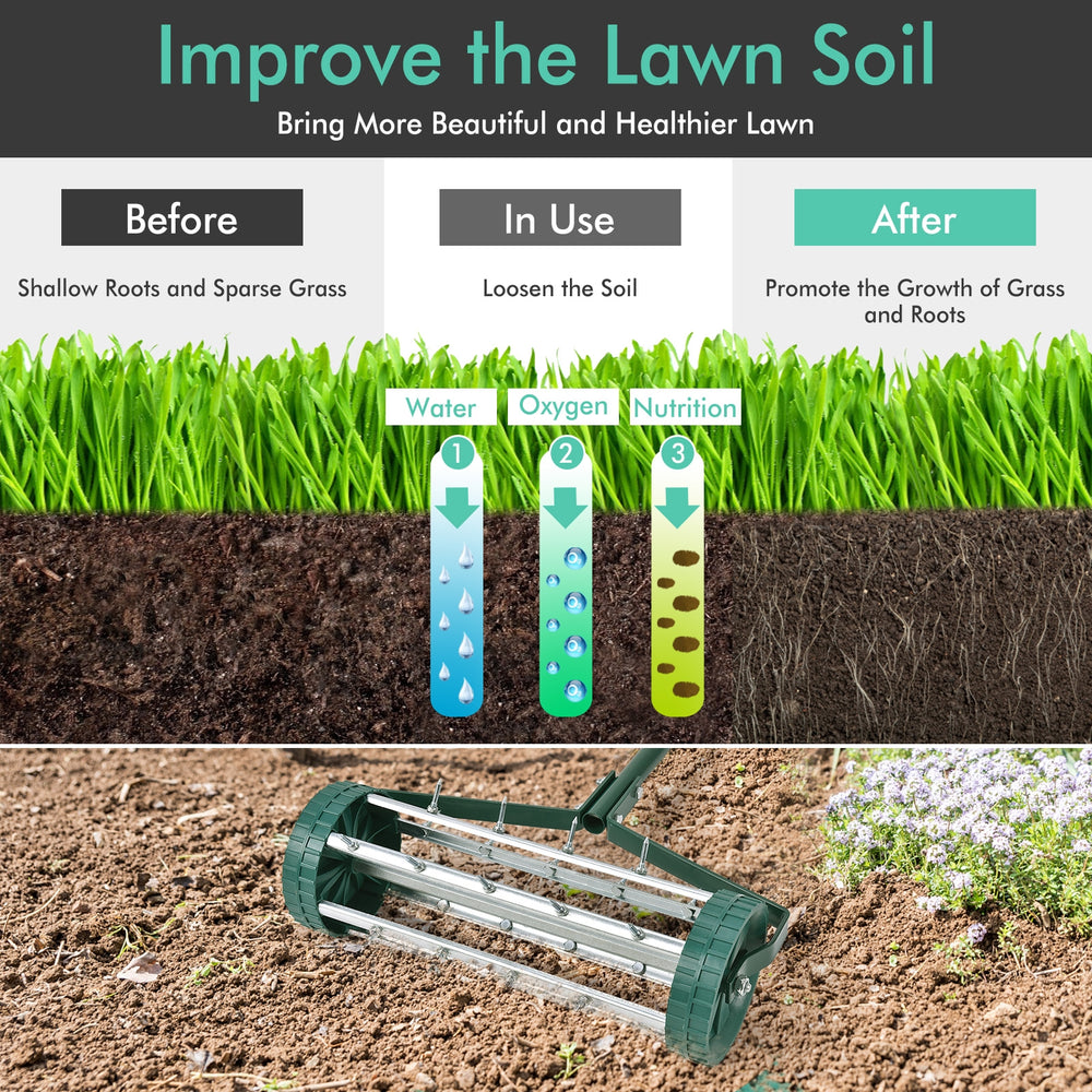 18-inch rolling lawn aerator with tine spikes and anti-slip handle for efficient lawn aeration and nutrient access.
