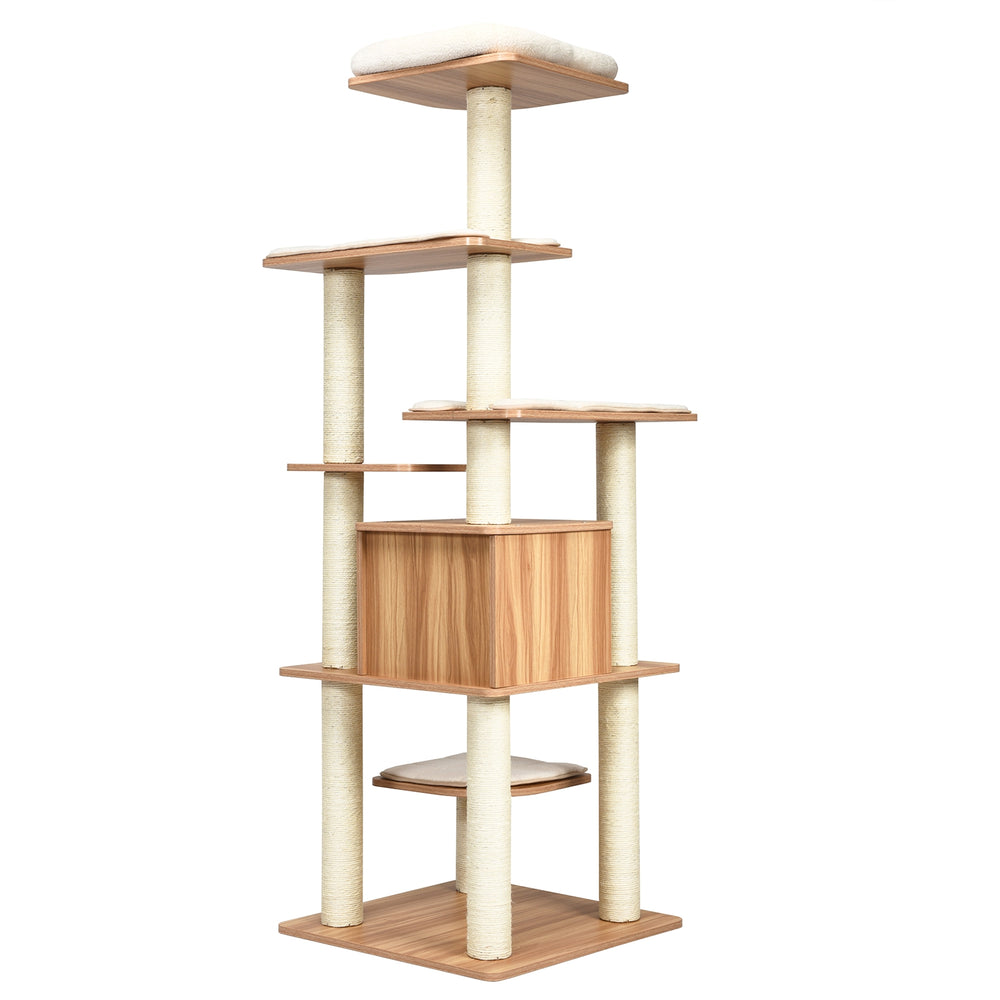 Tall 7-layer wooden cat tree with removable mats, sisal posts, and condo for climbing and scratching.