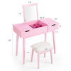 Pink makeup vanity table set featuring a flip-top mirror and spacious drawers, ideal for beauty supplies and bedroom.