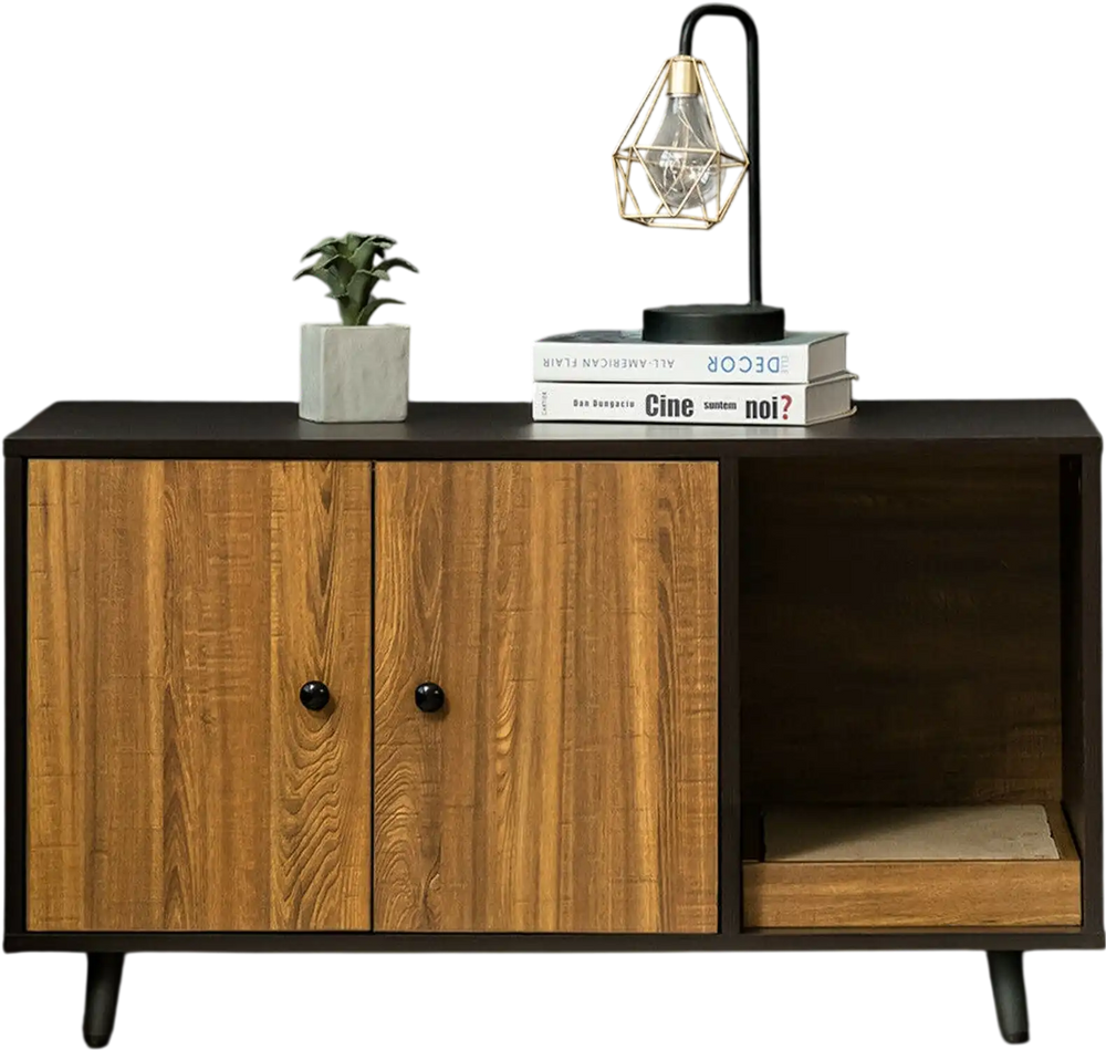 Modern cat litter box enclosure in coffee color with double doors, serving as a cat house and coffee table for home.