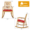 Side view of acacia wood rocking chair with red cushion, showcasing its dimensions and sturdy design for outdoor.