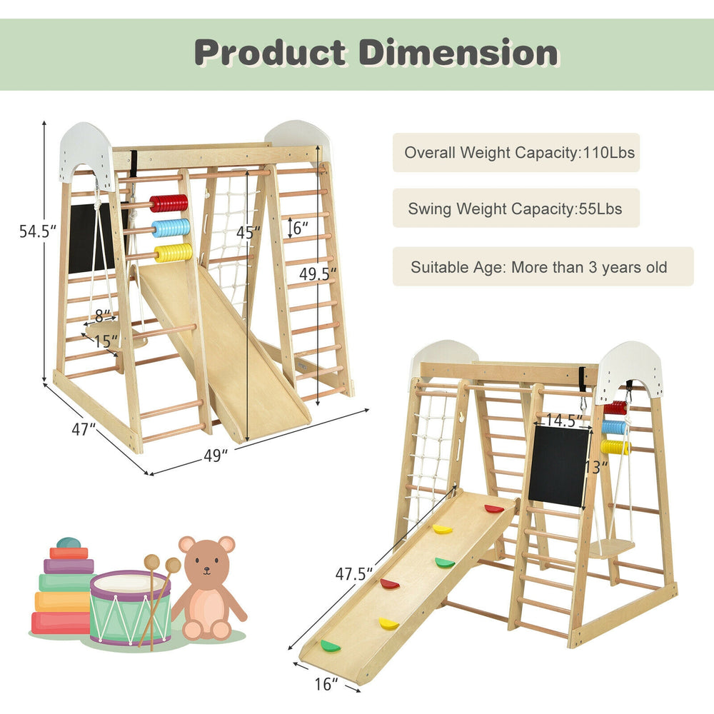 Wooden 8-in-1 indoor playground climbing gym with slide, suitable for children over 3 years, supports up to 110 lbs.