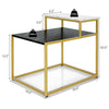2-tier end side table with metal frame, marble patterns, and adjustable foot pads for living room storage.