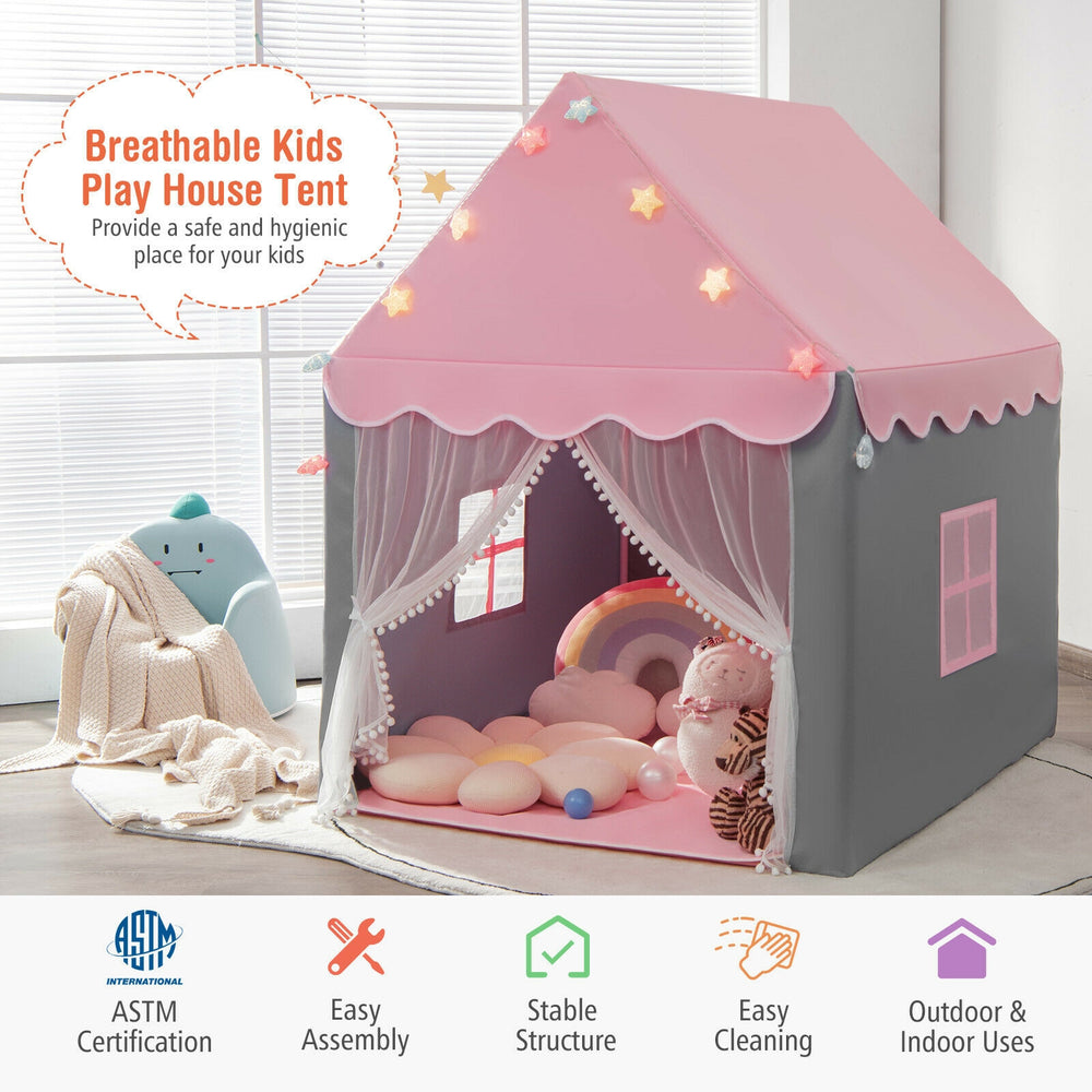 Kids playhouse tent in pink with star lights, breathable fabric, and non-slip mat, perfect for indoor and outdoor fun.
