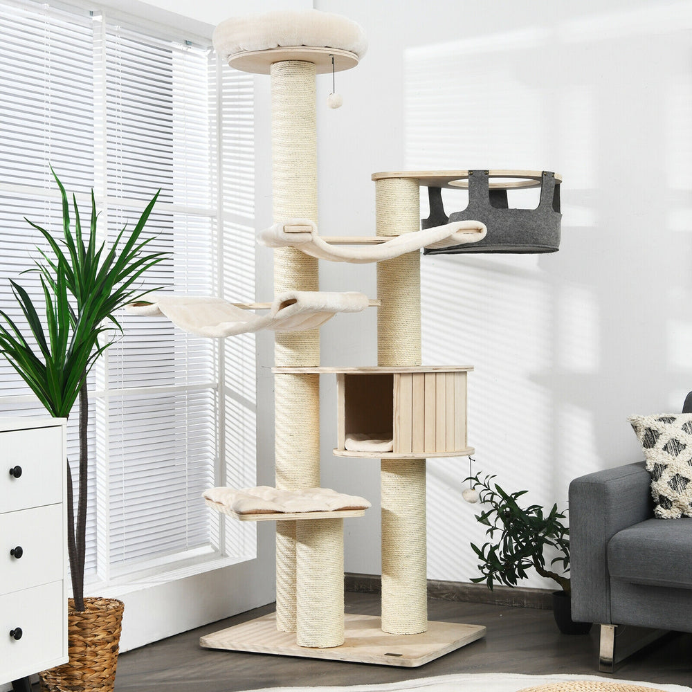 Multi-level 77.5-inch cat tree in cream white with sisal posts, plush pads, and a cozy condo for feline fun.
