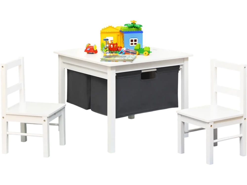 Kids activity table with two chairs, featuring storage drawers and a double-sided panel for building and drawing.