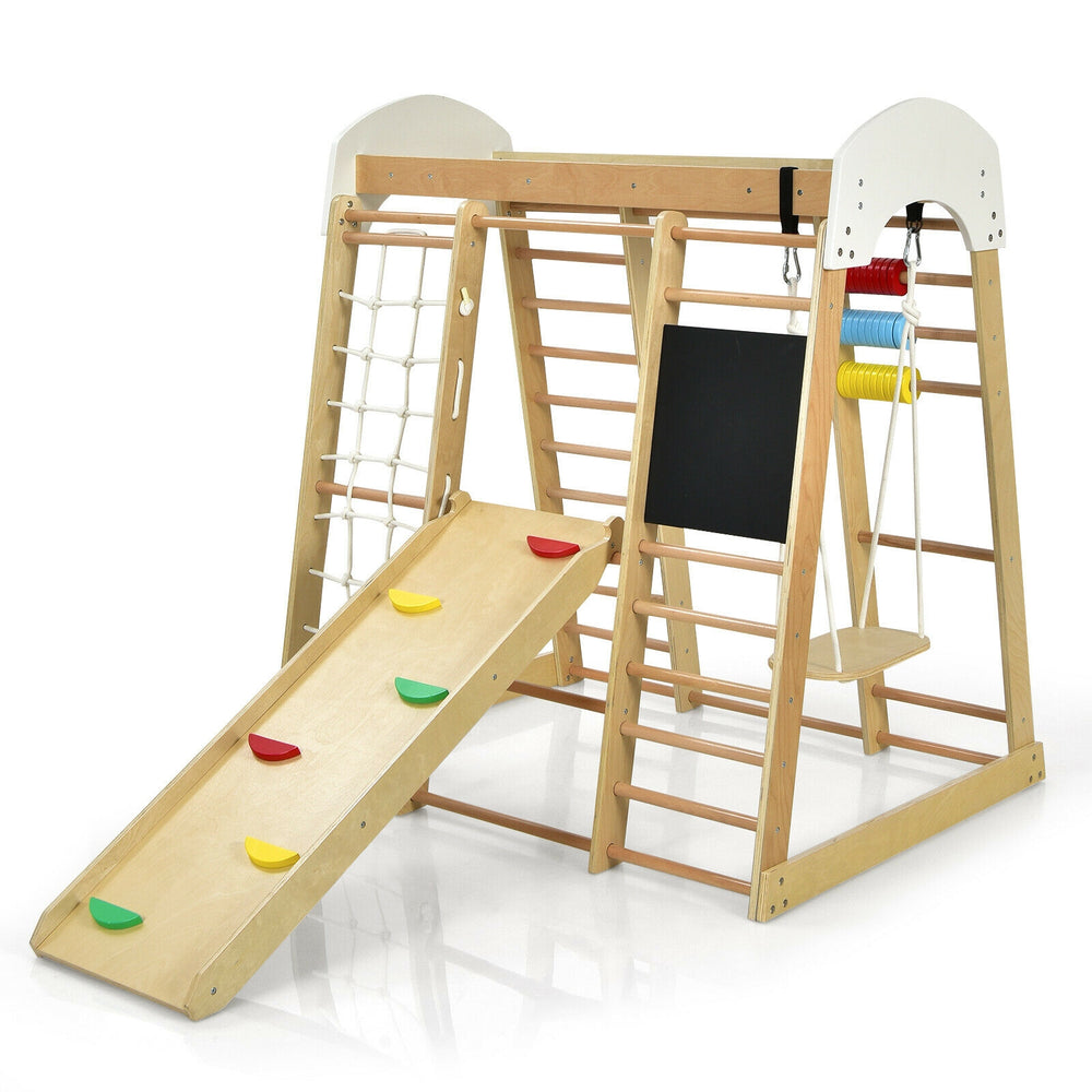 Wooden 8-in-1 indoor playground climbing gym with slide, swing, and climbing features for children’s active play.