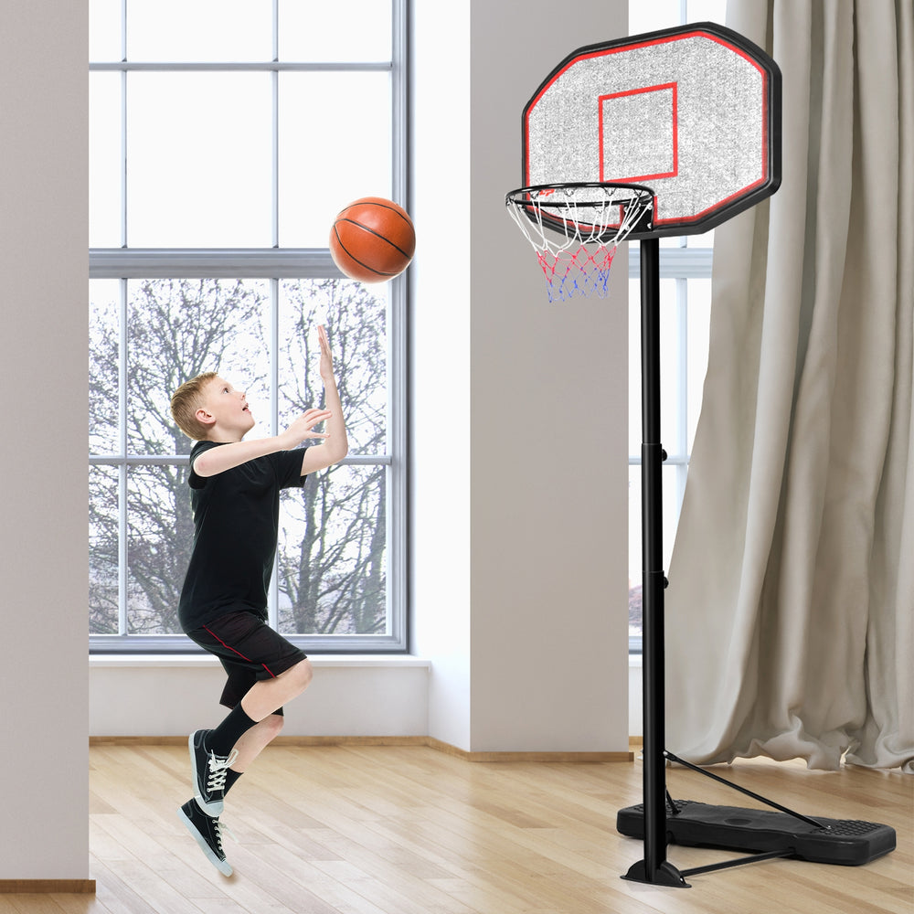 Height adjustable 43-inch basketball hoop with a child shooting a basketball indoors, featuring a durable steel frame.