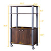 Walnut microwave rack stand with dimensions displayed, featuring 3 shelves and a 2-door cabinet for versatile kitchen.