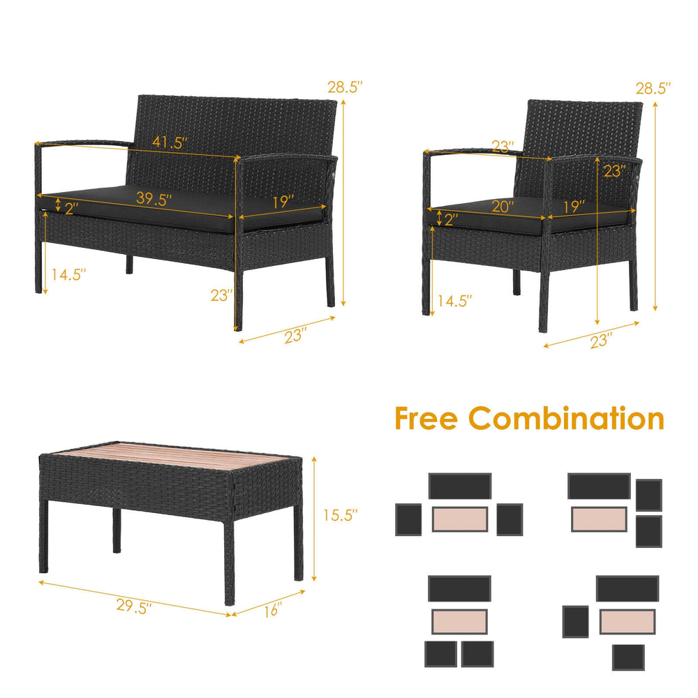 Two single sofas and a coffee table from the 4 Pieces Patio Rattan Cushioned Furniture Set, featuring acacia wood.