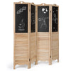 4-panel folding room divider screen with chalkboard surfaces, made of solid wood, ideal for living room or office use.