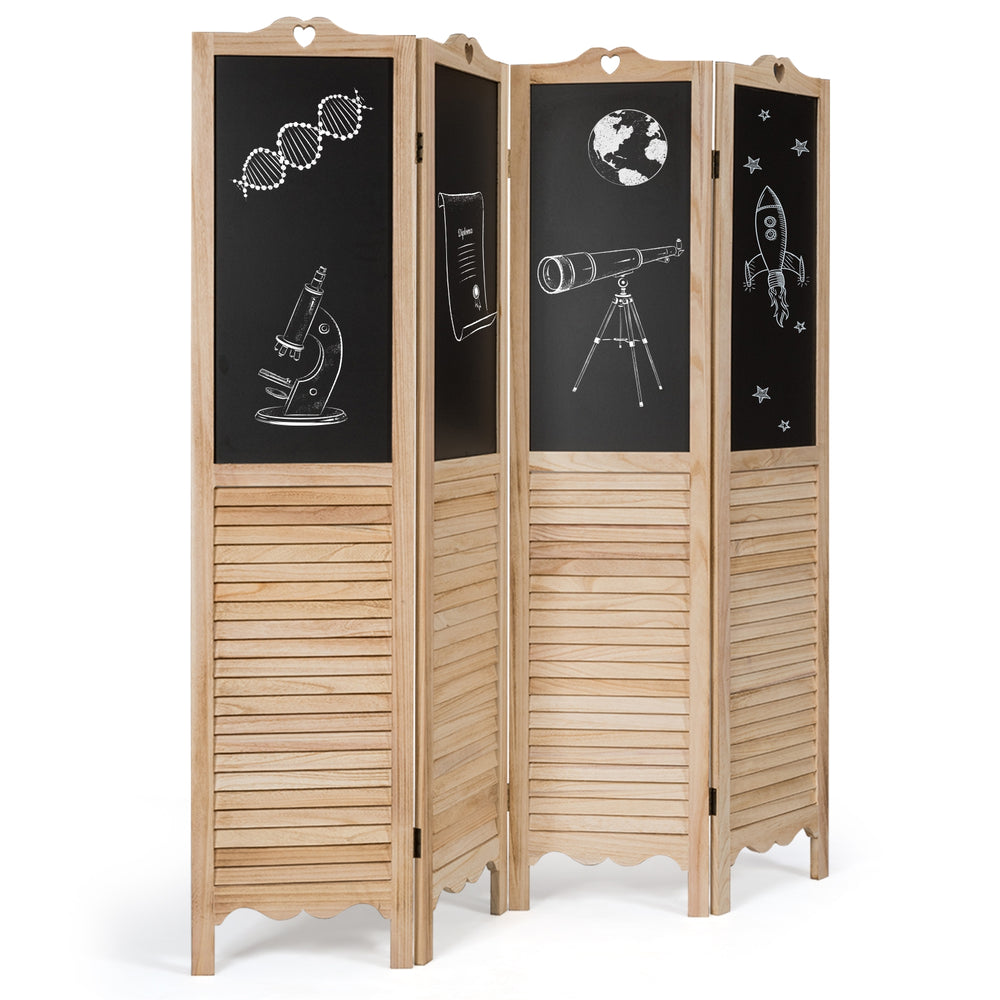4-panel folding room divider screen with chalkboard surfaces, made of solid wood, ideal for living room or office use.