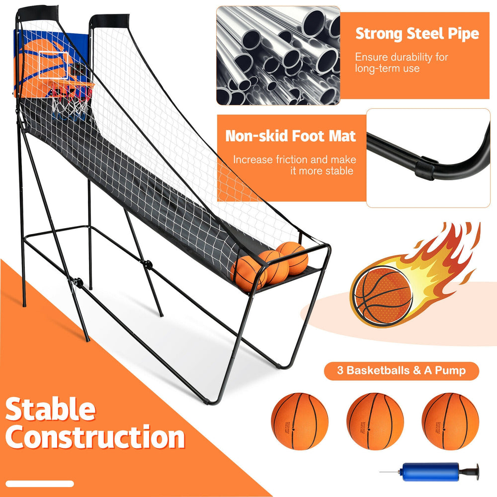 Foldable single shot basketball arcade game with electronic scorer, steel frame, includes 3 basketballs and pump for.