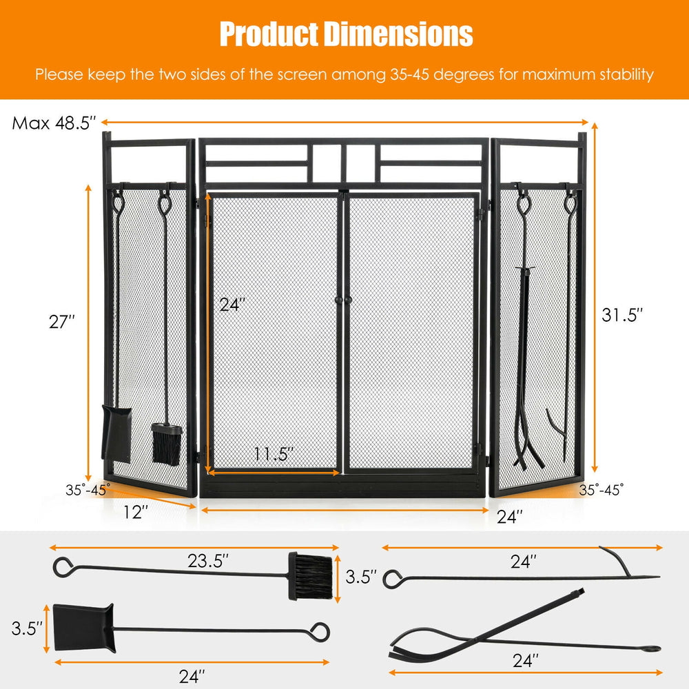 3-panel folding wrought iron fireplace screen with doors, black, includes 4 tools for safety and convenience.