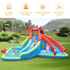 Inflatable water slide bounce house in crab theme with two slides, water cannons, and pools for kids aged 4-12.