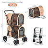 4-in-1 double pet stroller in beige with detachable carriers, designed for easy transport and travel with pets.