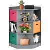Gray 3-tier kids storage shelf corner cabinet with 3 colorful baskets, perfect for organizing books and decorations.