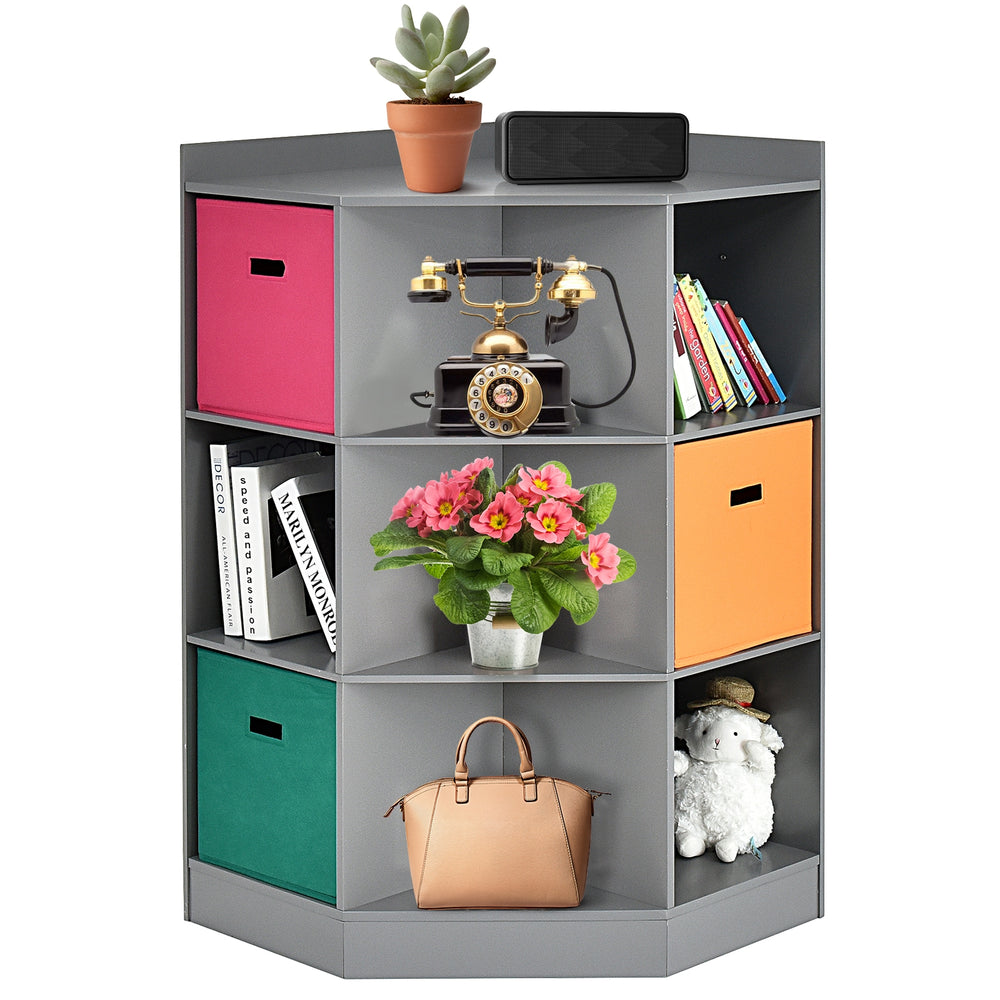 Gray 3-tier kids storage shelf corner cabinet with 3 colorful baskets, perfect for organizing books and decorations.