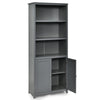 Gray bookcase with a smooth spray-painted finish and two doors, providing stylish storage for books and essentials.