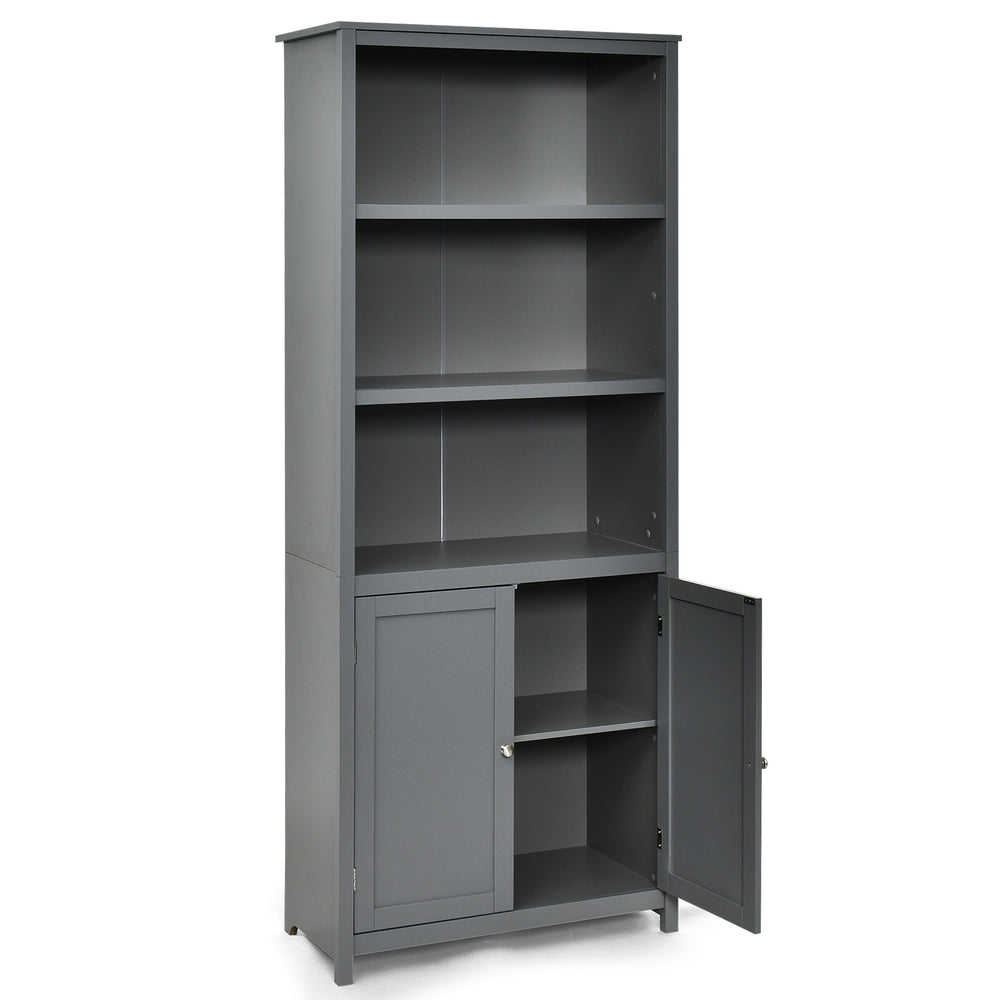 Gray bookcase with a smooth spray-painted finish and two doors, providing stylish storage for books and essentials.