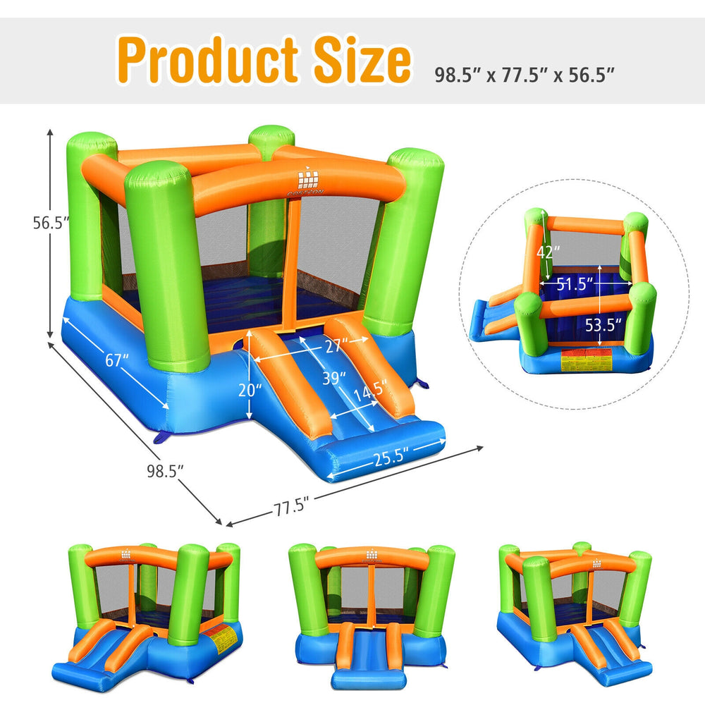 Kids inflatable bounce house with curved slide, made of waterproof oxford cloth, perfect for indoor and outdoor fun.