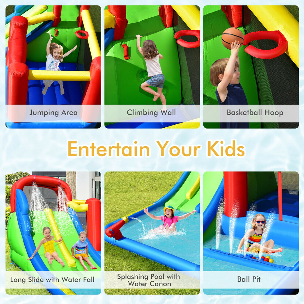 Inflatable water slide featuring a climbing wall, basketball hoop, and ball pit for kids' summer fun and fitness.