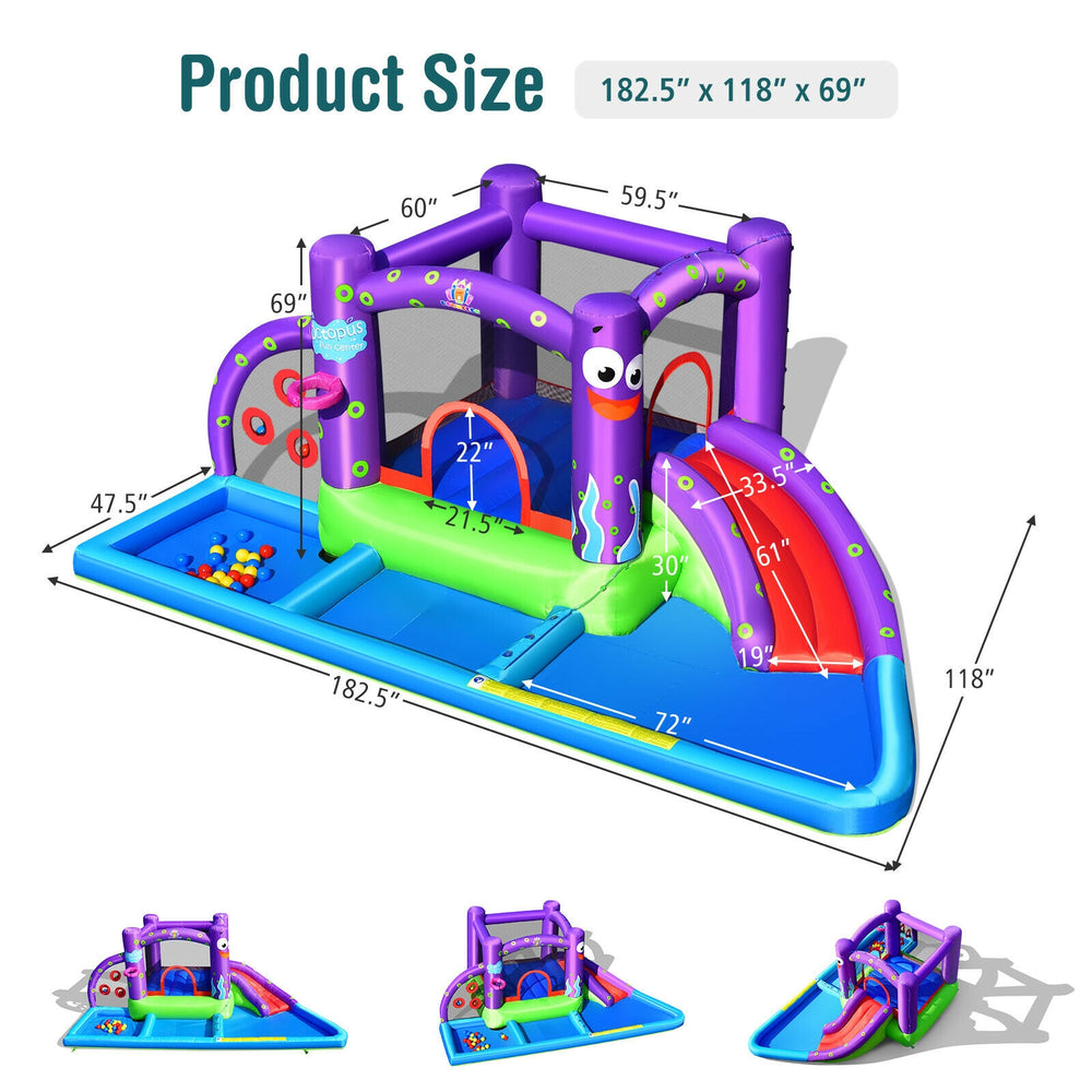 Inflatable water slide park featuring octopus design, splash pool, slide, and ball pit for outdoor fun and exercise.