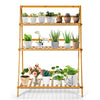 3-tier bamboo foldable plant stand showcasing various potted plants, ideal for indoor and outdoor use.