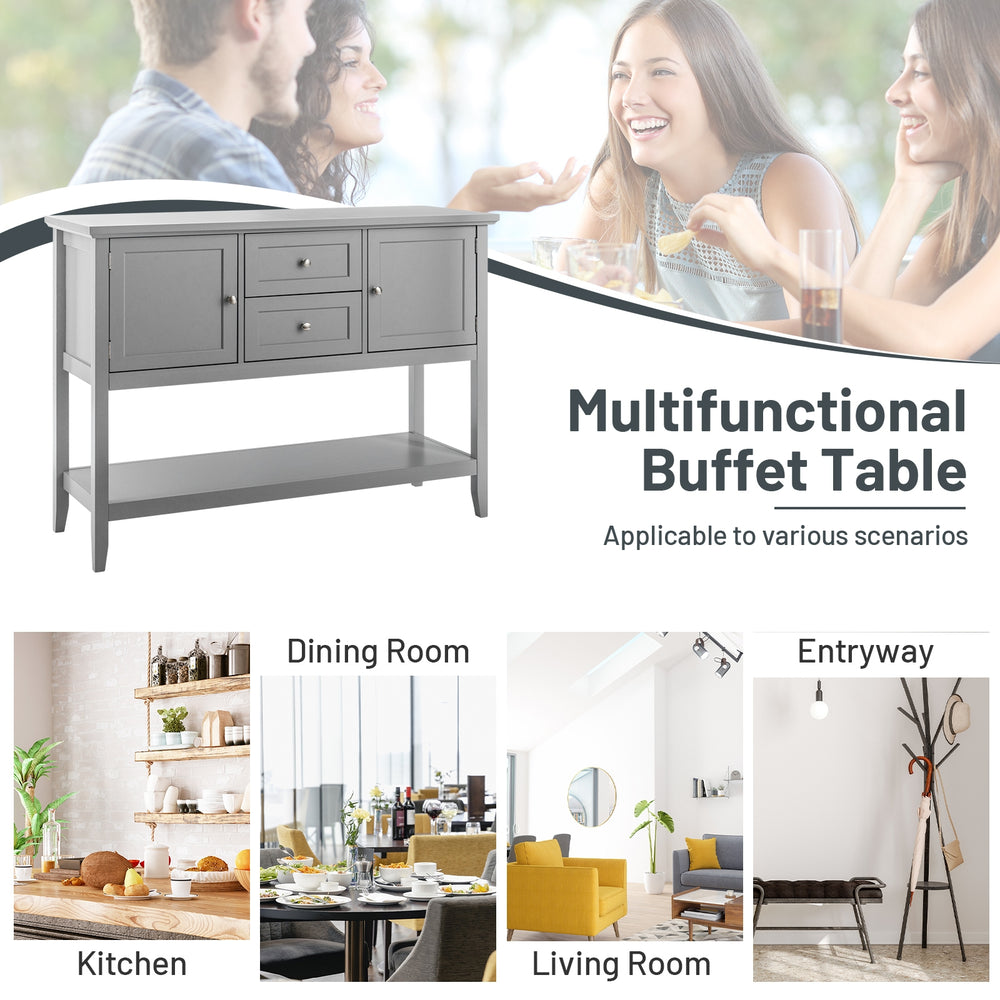 Gray wooden sideboard buffet console table with drawers and storage, ideal for dining room or entryway organization.