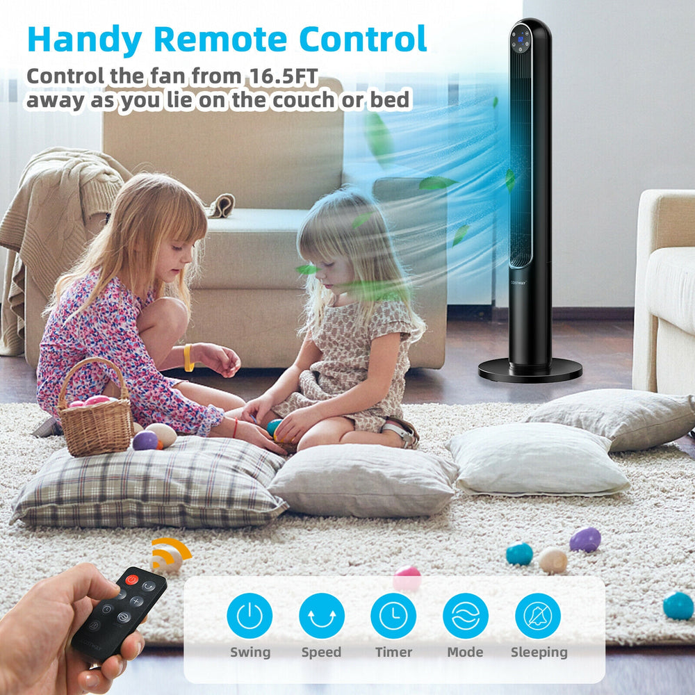 42-inch black tower fan with remote control, featuring 80° oscillation and multiple wind speeds for comfortable airflow.
