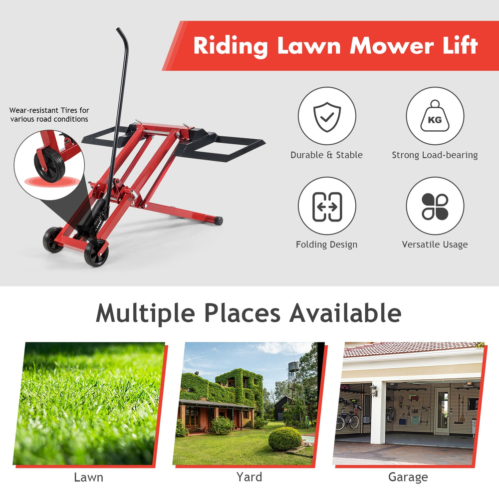 Hydraulic lawnmower lift jack with adjustable height and width, designed for easy maintenance of riding mowers and ATVs.