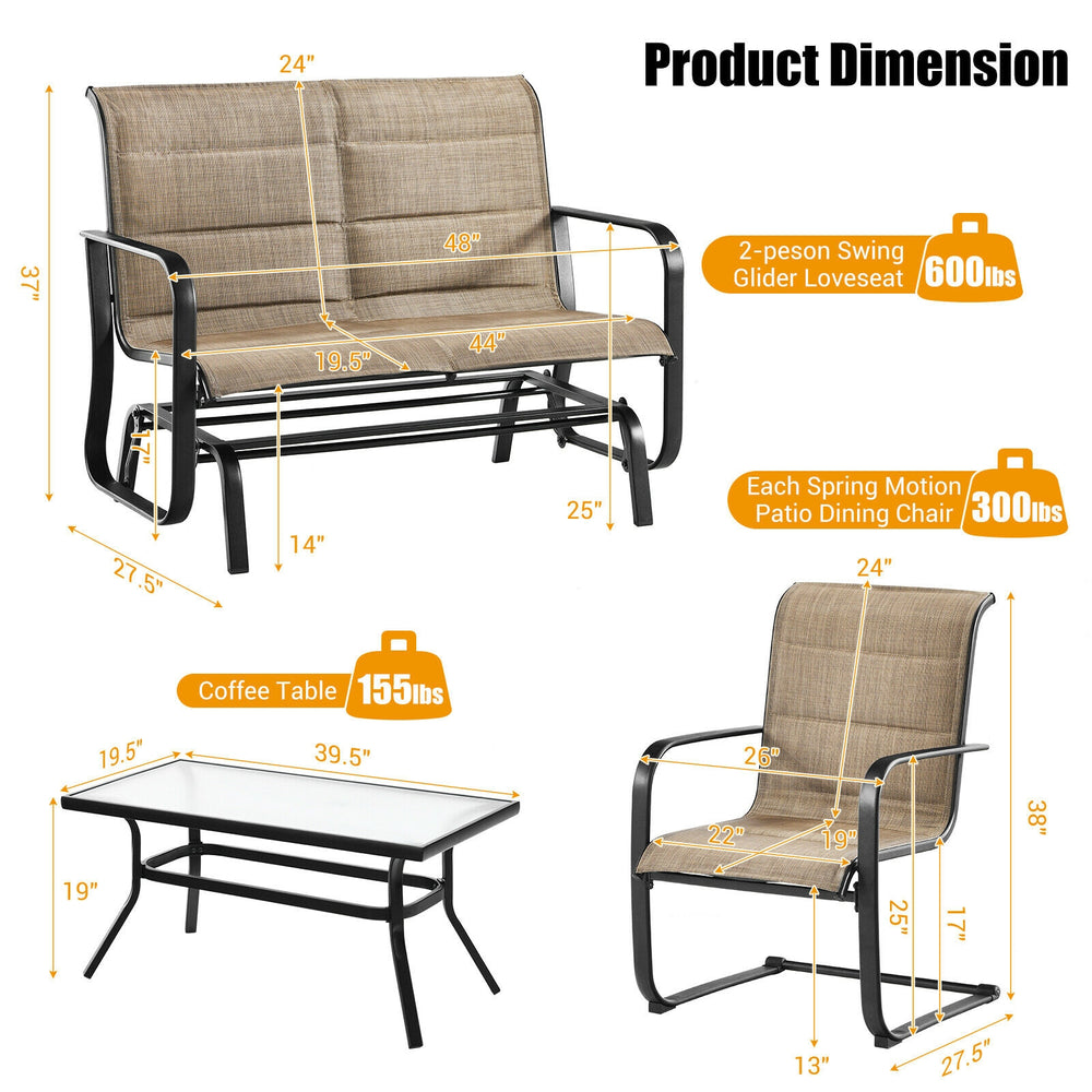4-piece outdoor patio furniture set featuring a padded glider loveseat and coffee table for versatile outdoor.