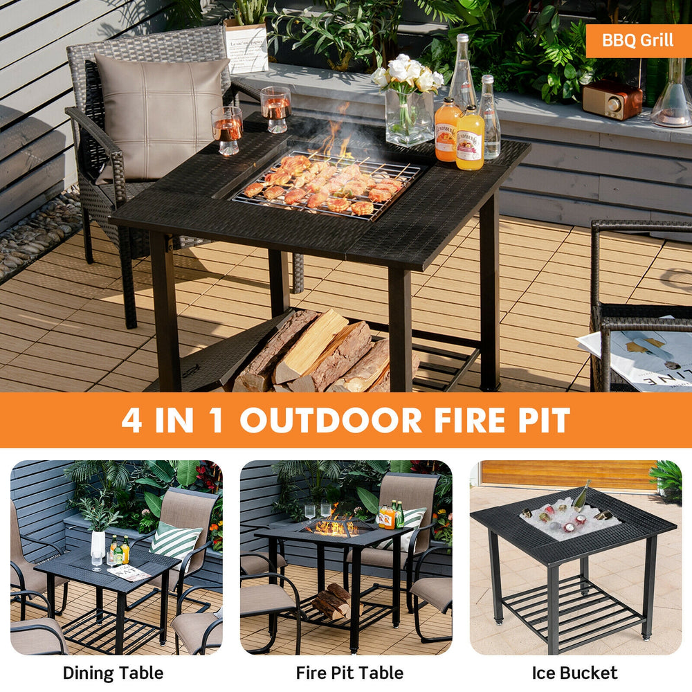 Square 31-inch outdoor fire pit dining table featuring a grill grate and ice bucket, perfect for versatile outdoor use.