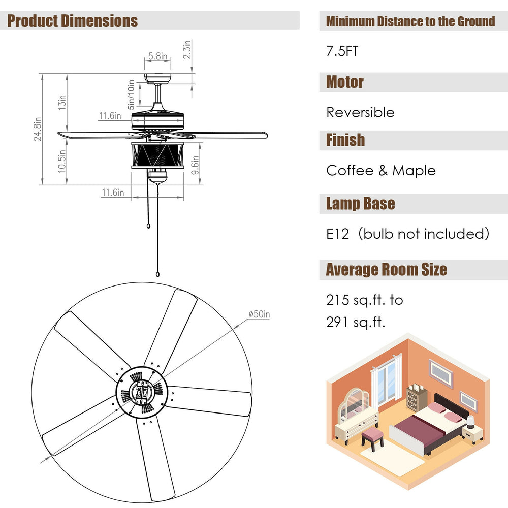 50-inch ceiling fan with reversible black blades and lights, perfect for living rooms or bedrooms, featuring pull chain.
