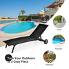 Black 6-position adjustable outdoor chaise recliner with wheels, perfect for poolside relaxation and sunbathing.