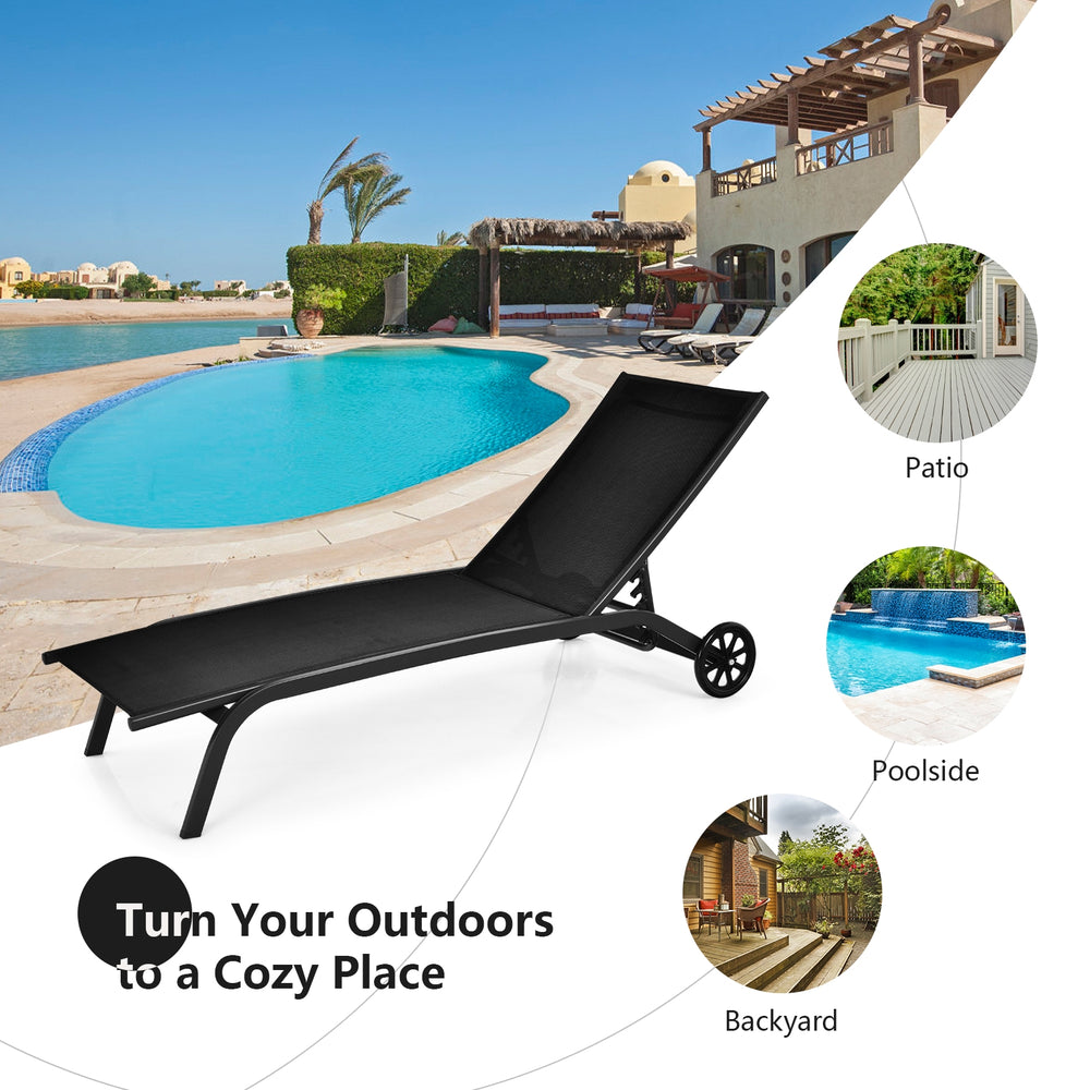 Black 6-position adjustable outdoor chaise recliner with wheels, perfect for poolside relaxation and sunbathing.