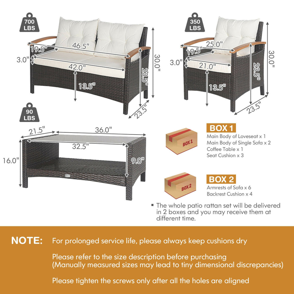 Cushioned loveseat and coffee table from a 4-piece patio rattan furniture set, ideal for outdoor relaxation.