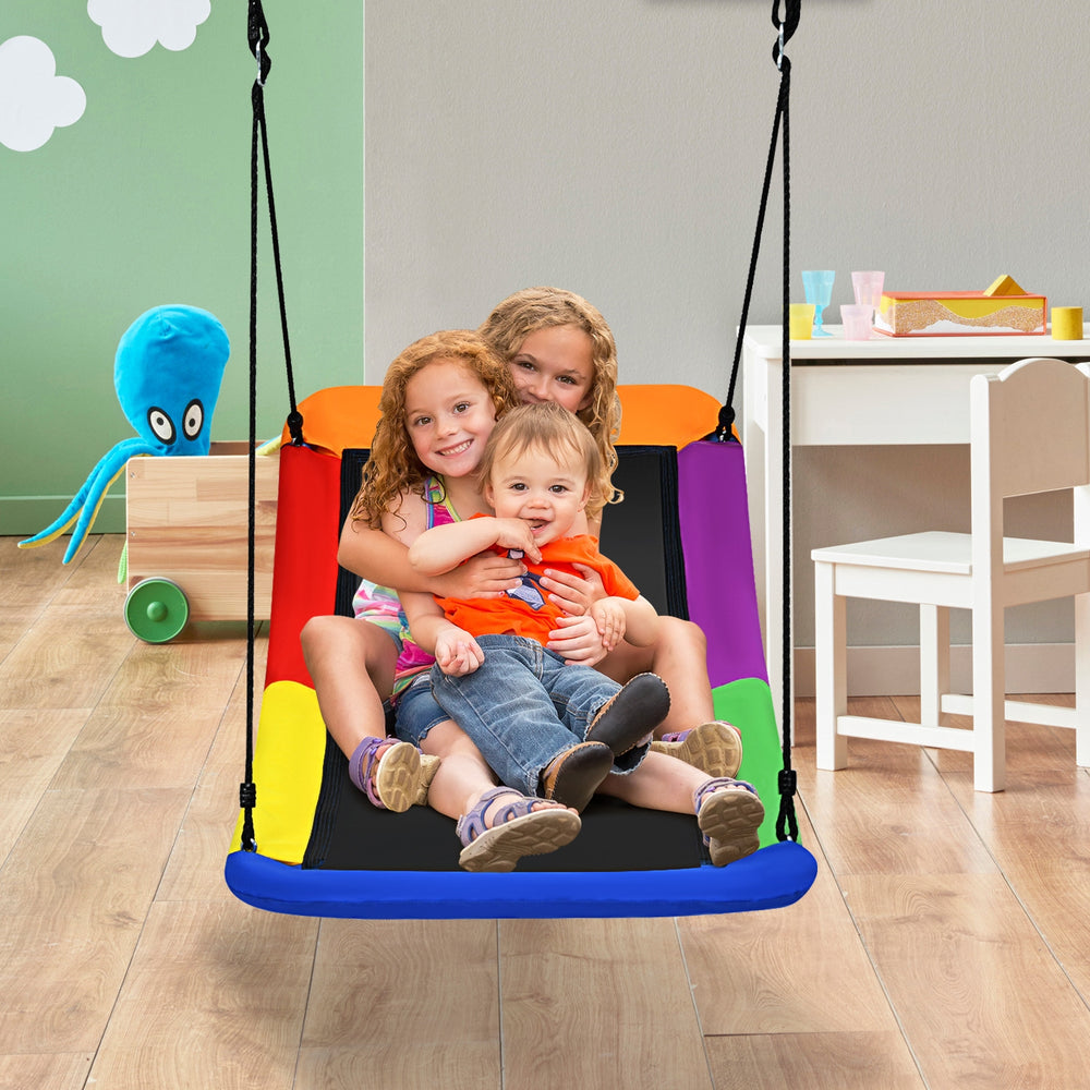 Colorful 60-inch platform tree swing for kids, featuring a durable design and adjustable ropes for indoor or outdoor.