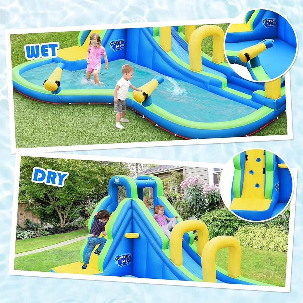 Multifunctional inflatable water bounce with bright colors, mesh walls, and cushioned landing pad for safe play.