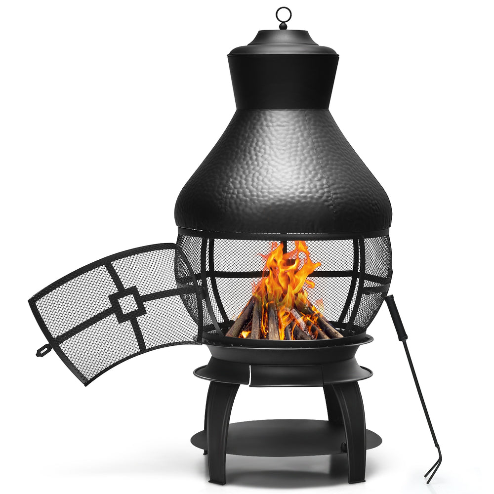 Patio wood burning chimney fireplace showcasing a round mesh design and convenient access door for easy log changes.
