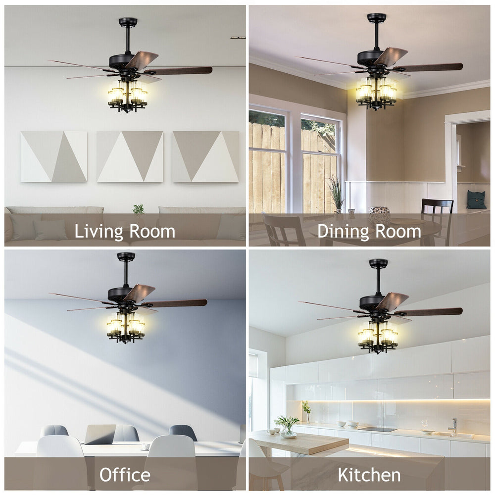 50-inch black ceiling fan light with explosion-proof glass lampshades, suitable for living room, dining room, and.