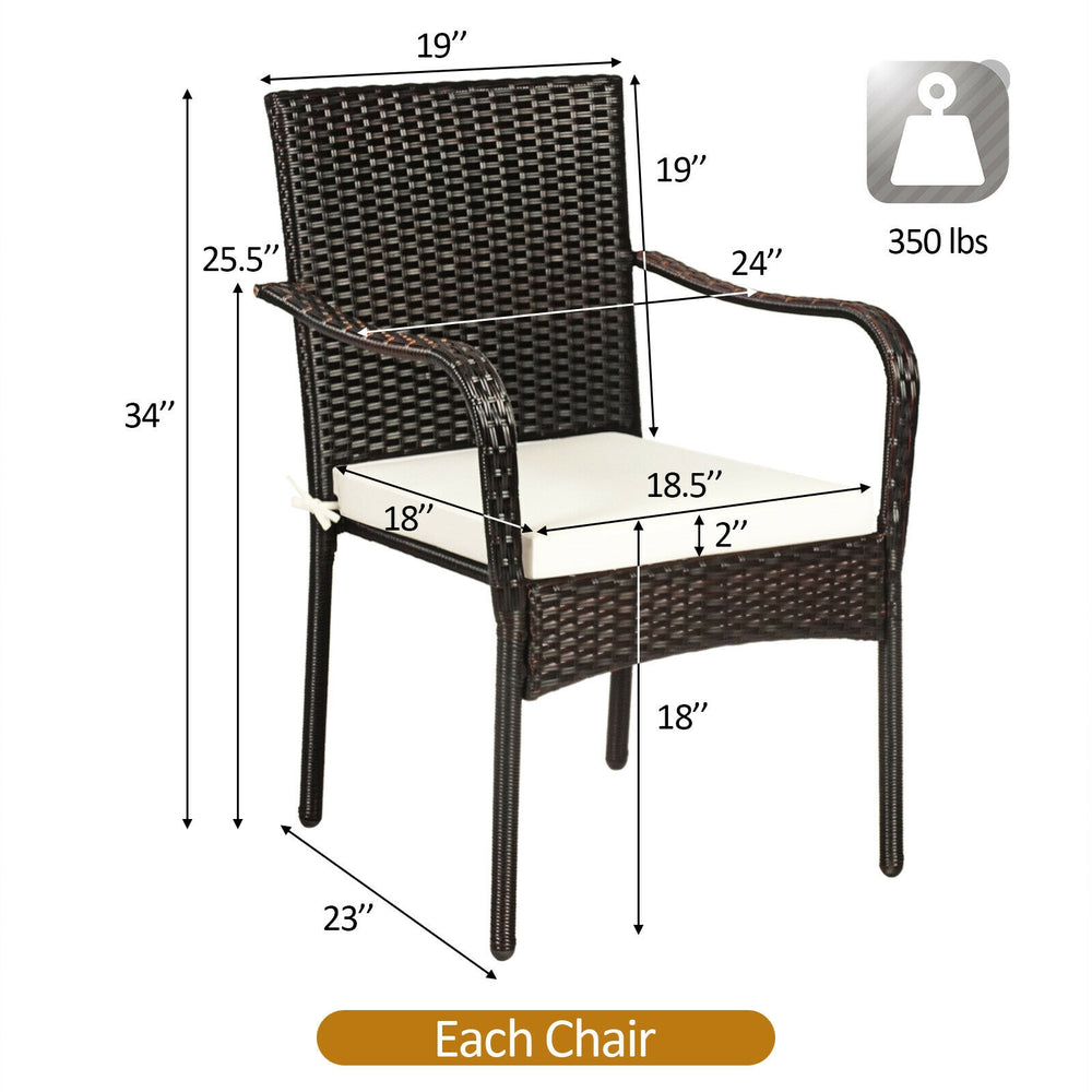 Stackable patio dining chair with cushioned armrest, made of weather-resistant PE rattan, perfect for outdoor use.