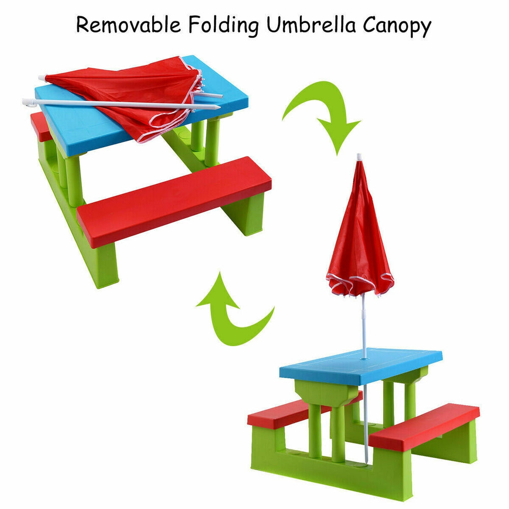 Kids picnic folding table and bench set with removable umbrella, made of non-toxic PP material, perfect for outdoor.