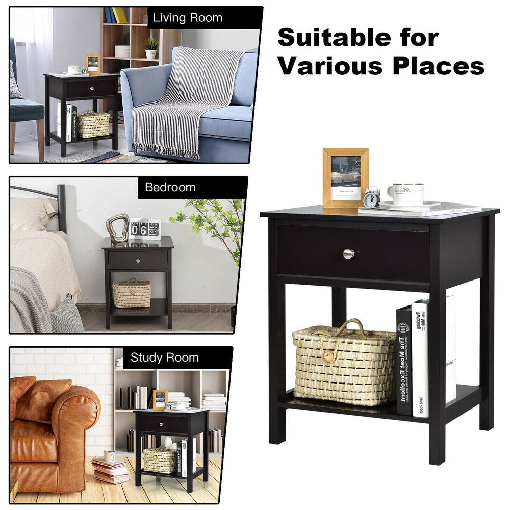 Black wooden storage shelf with drawer, featuring a wide tabletop and bottom shelf, ideal for bedroom and living room.