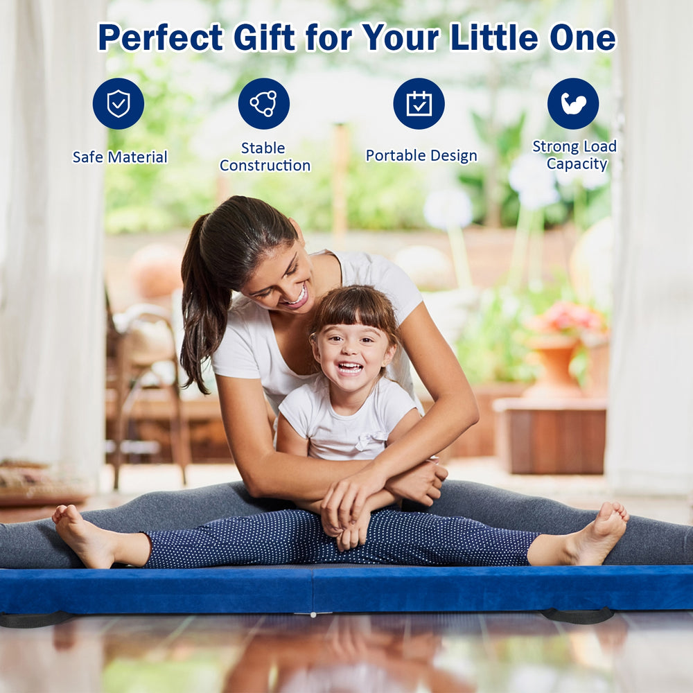 Folding blue balance beam with handles, featuring a wood core and foam top for safe training at home or gym.