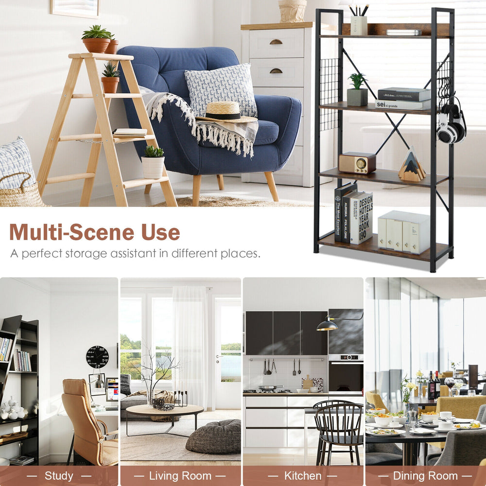 4-tier industrial open storage bookshelf with adjustable shelves and hooks, ideal for study, living room, or kitchen.