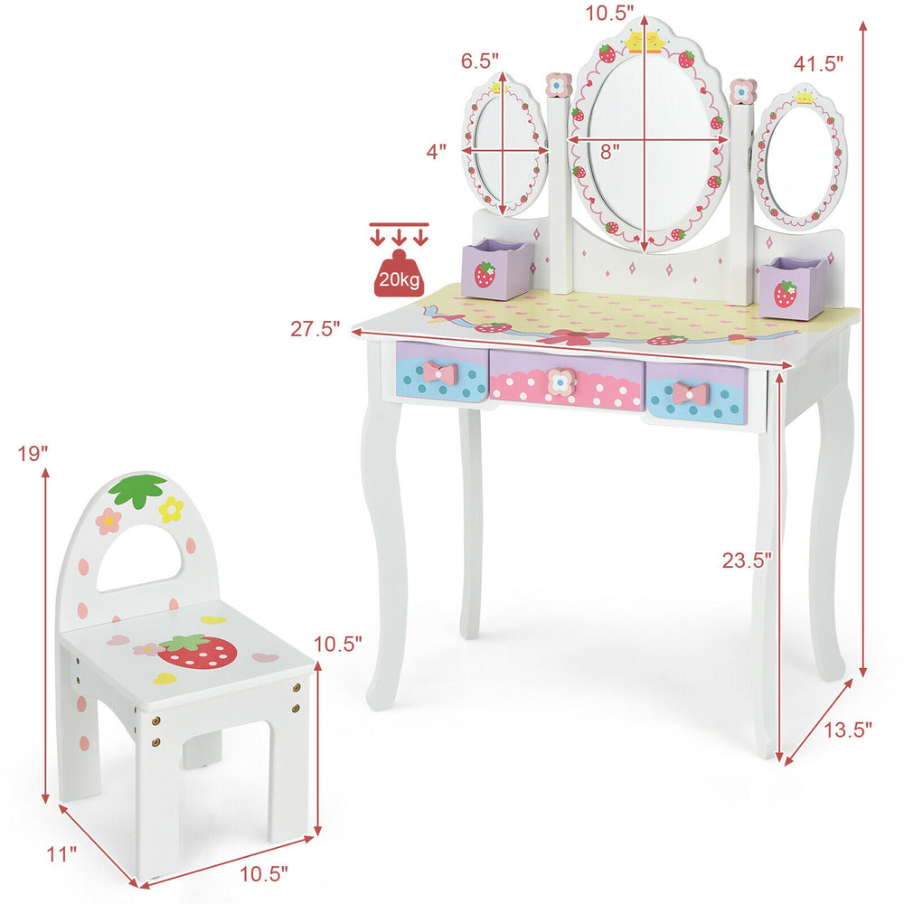 Kids vanity set featuring a tri-fold mirror, chair, and storage drawers, perfect for makeup and study in white MDF.
