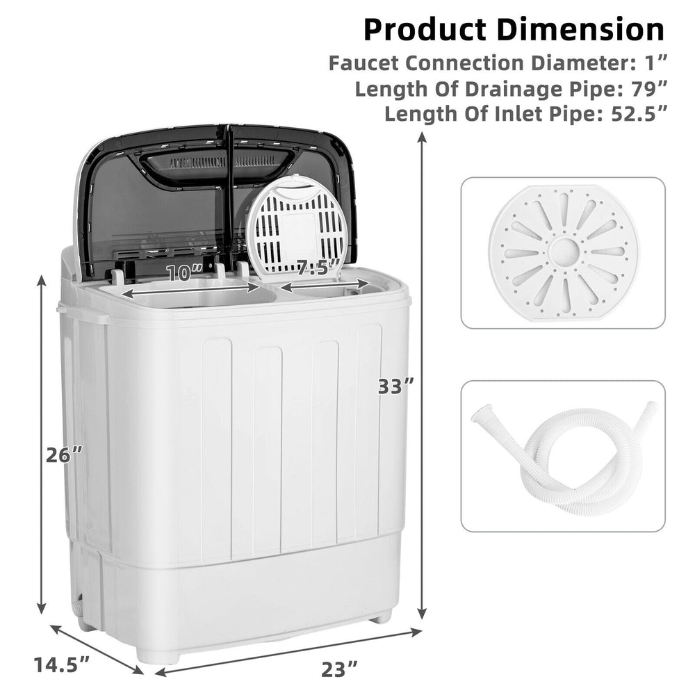 Compact mini twin tub washing machine with separate timer controls, lightweight design, and large opening lids for easy.