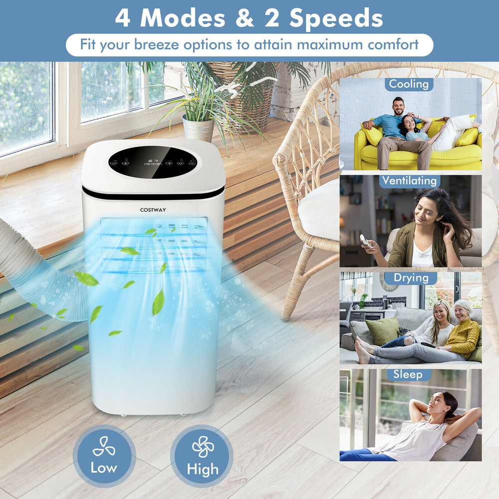 9000 BTU portable air conditioner in white with cooling, dehumidifying, and ventilating modes for home or office use.