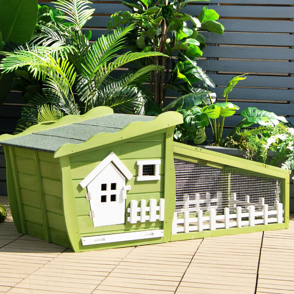 62 Inch Wooden Rabbit Hutch with Pull Out Tray-Green - Gallery View 1 of 11